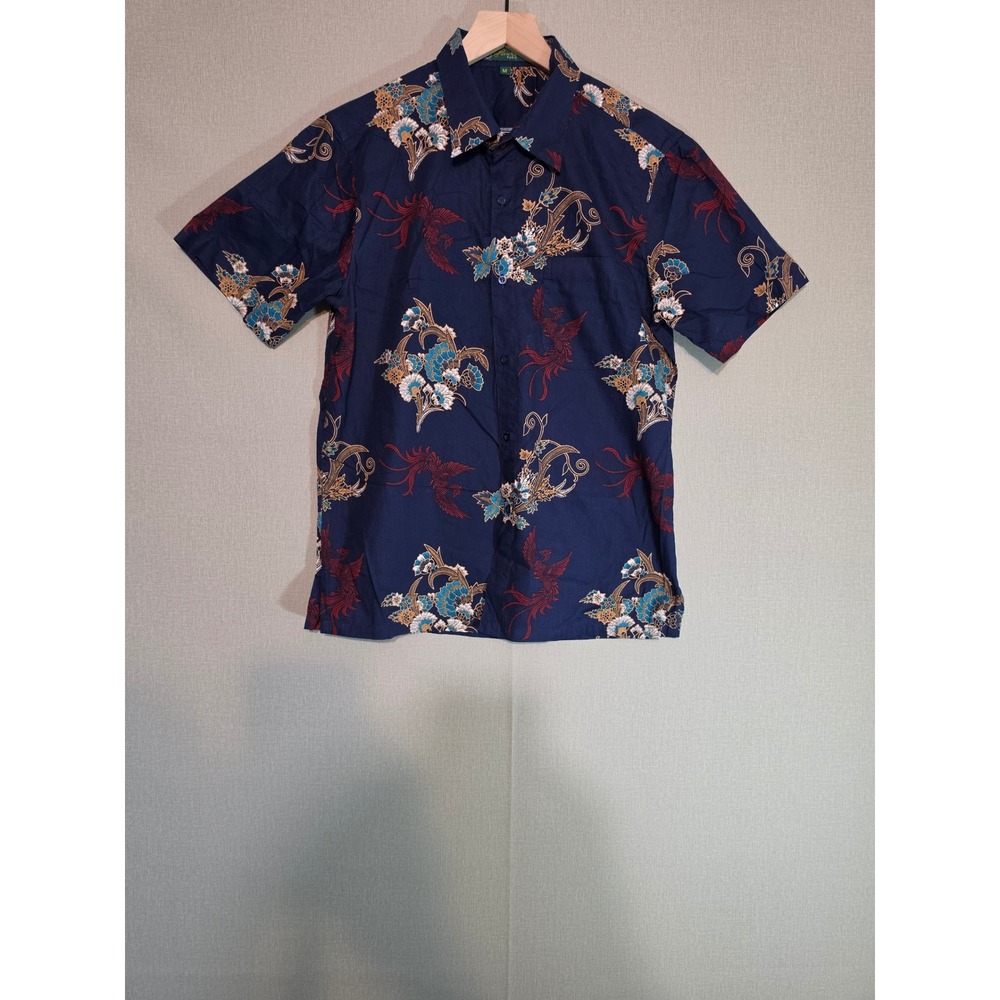 Pierre Martin Paris Mens Navy Blue Phoenix Floral Batik Short Sleeve Shirt M